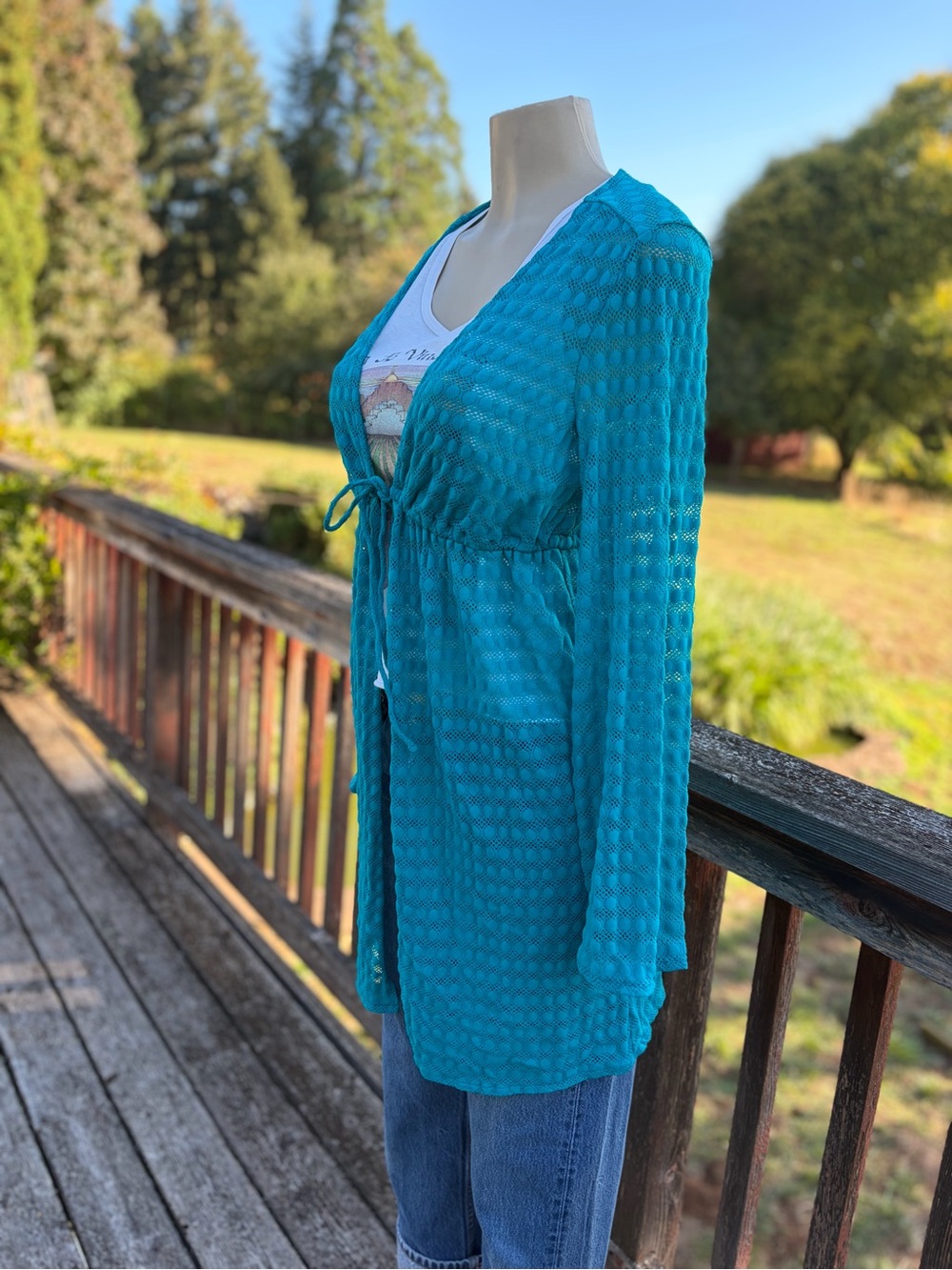 Jantzen Teal Crochet Eyelet Swimsuit Coverup Women’s Size L Boho Chic Fairycore - Picture 12 of 16